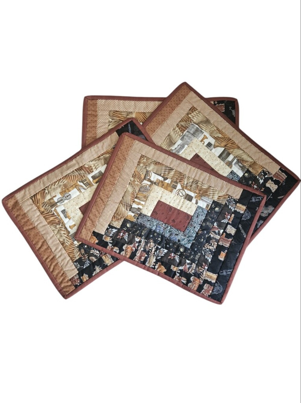 70's Set Of 4 Patchwork Quilted Placemats Musical Instrument Fall 17x12.5